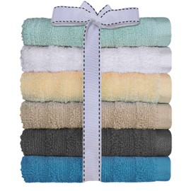 QCS Towels - Face Cloths - 33 x 33 cm - 100% Zero Twist Cotton - Light and Absorbent Quick Drying Washcloths for Gym, Hotel, and Spa - Flannel Ribbed Design (6, Teal, Mint, White, Cream, Silver, Grey)