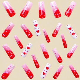 Valentine's Day Press on Nails Long Coffin Fake Nails Red Pink Gradient Acrylic Nails Glossy Glue on Nails Ballerina Artificial Nails Red and Pink Love Heart Stick on False Nails with Design 24 Pcs