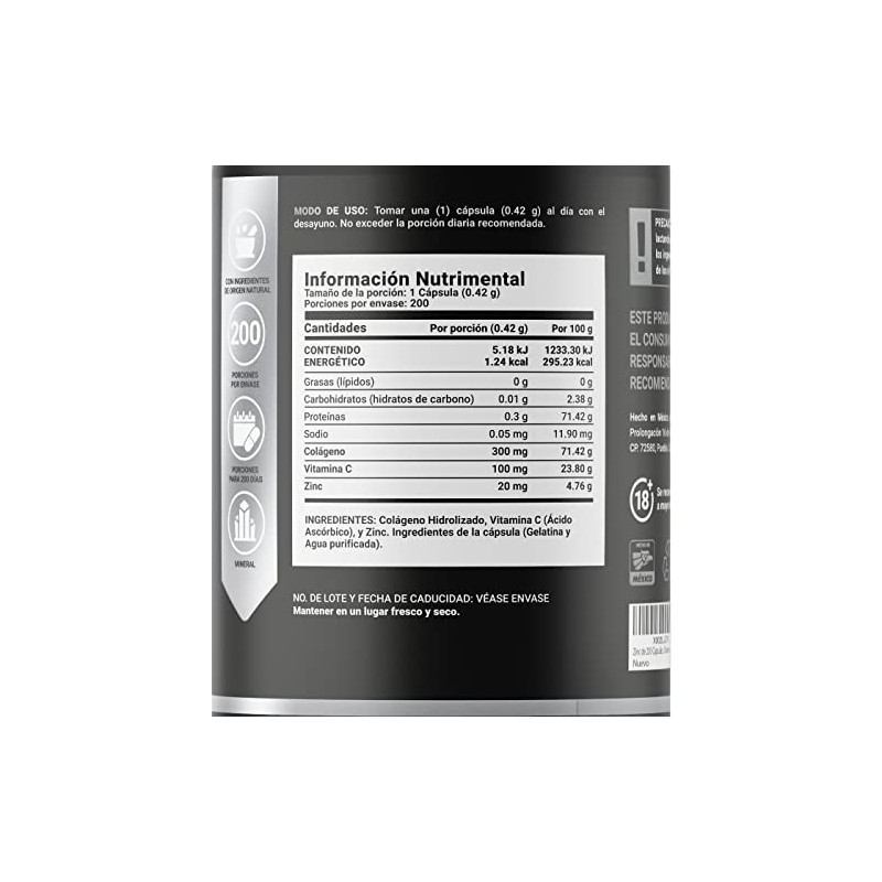 Life Company Zinc 200 Cápsulas Ingredientes Naturales Colágeno Vitamina Blend