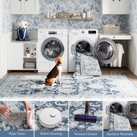 jinchan Runner Rug 3x7 Kitchen Washable Rug Low Pile Vintage Rug Hallway Rug Dark Blue Floral Print Non Slip with Rubber Backing Ultra-Thin Rug Entryway Bathroom Laundry Room Bedroom Farmhouse