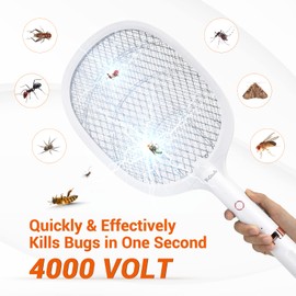 YsChois Electric Fly Swatter Racket, Rechargeable Fly Zapper - 4000 Volt, Exclusive 2-in-1 Bug Zapper Racket - USB Charging, 1800mAh Li-Battery, Indoor & Outdoor Use, White, 2 Packs