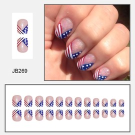 4th of July Press on Nails Short Square French Tip Fake Nails Nude Full Cover America Flag False Nails with Designs Glossy Glue on Nails Acrylic Nails Manicure Artificial Nails for Women Girls 24Pcs