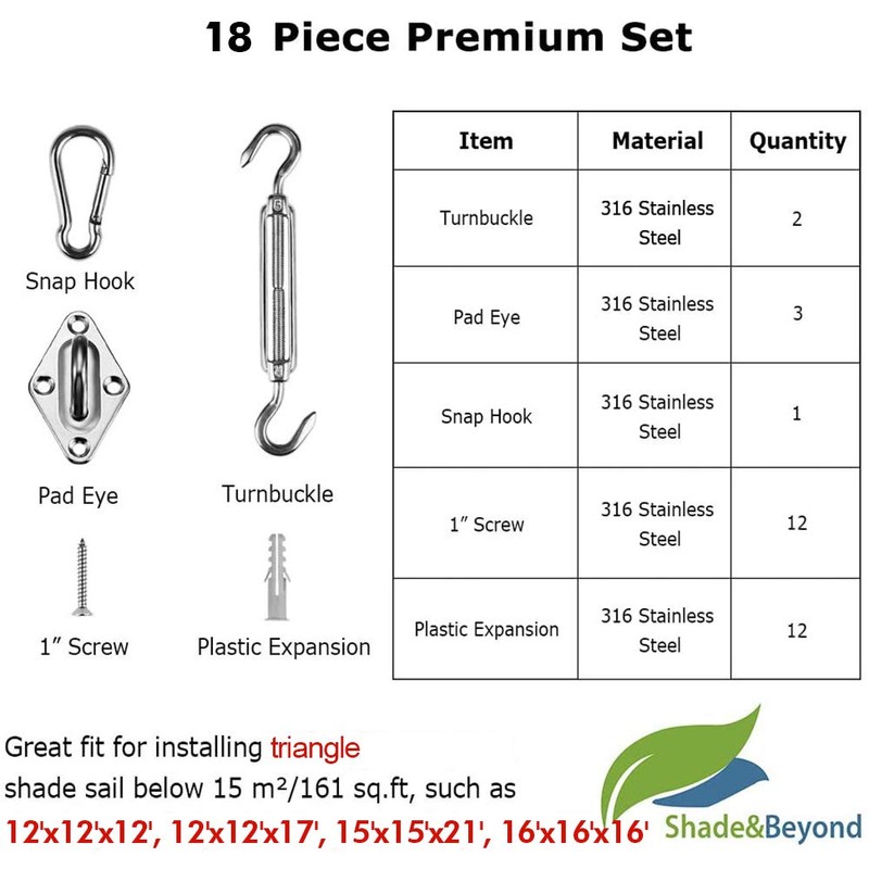 Shade&Beyond 316 Marine Grade Shade Sail Hardware Kit 5 inch