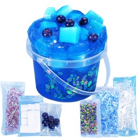 Premade Blueberry Blue Jelly Cube Glimmer Crunchy Crystal Slime, Includes 6 Sets of Add-ins, Sensory and Tactile Stimulation, Stress Relief, Party Favors for Girls & Boys