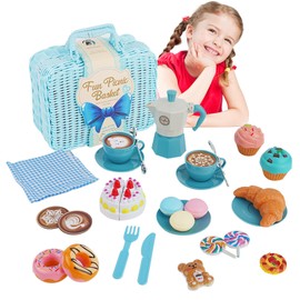 Forroby Kids Tea Set Picnic Toy with Woven Picnic Basket,Afternoon Tea Set,Pretend Play Food Sets for Children Kitchen,Mini Tea Party Set for Children,Gifts for 3 4 5 Years Toddler Girls Boys