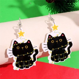 Christmas Acrylic Black Cat Earrings Cute Kawaii Kitten Earrings Funny Christmas Animal Earrings Holiday Christmas Jewelry Gift-E