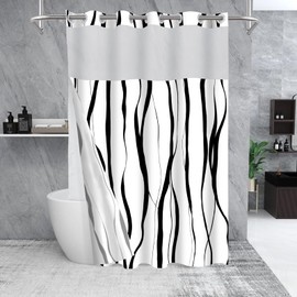 SSCRCUSLY 71x84 Inches, No Hook Shower Curtain with Snap in Liner Set, White Hotel Style with Black Striped Design