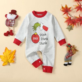 sdghg Infant Toddler Baby Boys Christmas Outfits Long Sleeve Jumpsuit Grinch Printing Romper One Piece Red Patchwork Bodysuit (Red Grey, 12-18 Months)