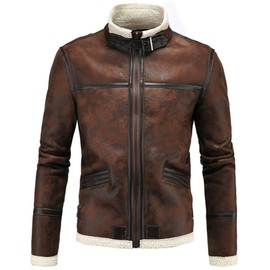 AOWOFS Men's Fleece Collar Faux Leather Jacket, Fleece Lined Biker Jacket for Winter in Brown - l