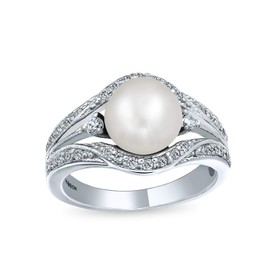 Personalize Bridal Art Deco Style Freshwater White Cultured Pearl Cocktail Statement Engagement Ring For Women Pave Triple Split Band .925 Sterling Silver Customizable