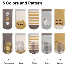 Exemaba Baby Anti Slip Socks 5 Pairs Toddler Cute Animal Crew Slipper Socks for Boys Girls(Blue Duck,M)