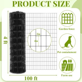 Gisafai 48in x 100ft Welded Wire Fence, 2 Inch x 4 Inch 16 GA, Galvanized Metal Garden Fence Roll Wire Mesh Netting for Goat Deer Cattle Animal Enclosures and Yard Vegetable Plant Protection,Black
