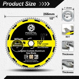 10 Inch Aluminum Cutting Circular Saw Blade - FOCSTOL 80 Tooth TCG Non-Ferrous Metal Cutting Blade with 1 Inch Arbor for Cutting Aluminum Non-Ferrous Metals Plastic