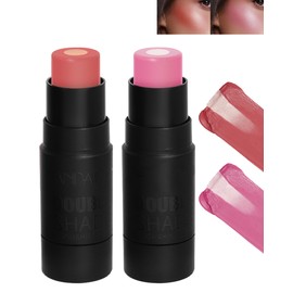 2 x Cream Blush Stick, 2-in-1 Multi-Use Rouge & Highlighter Pen for Cheeks, Waterproof Contouring Blush Stick, Lightweight Long-Lasting, Colour Natural Blush Makeup Stick for Women 5+6