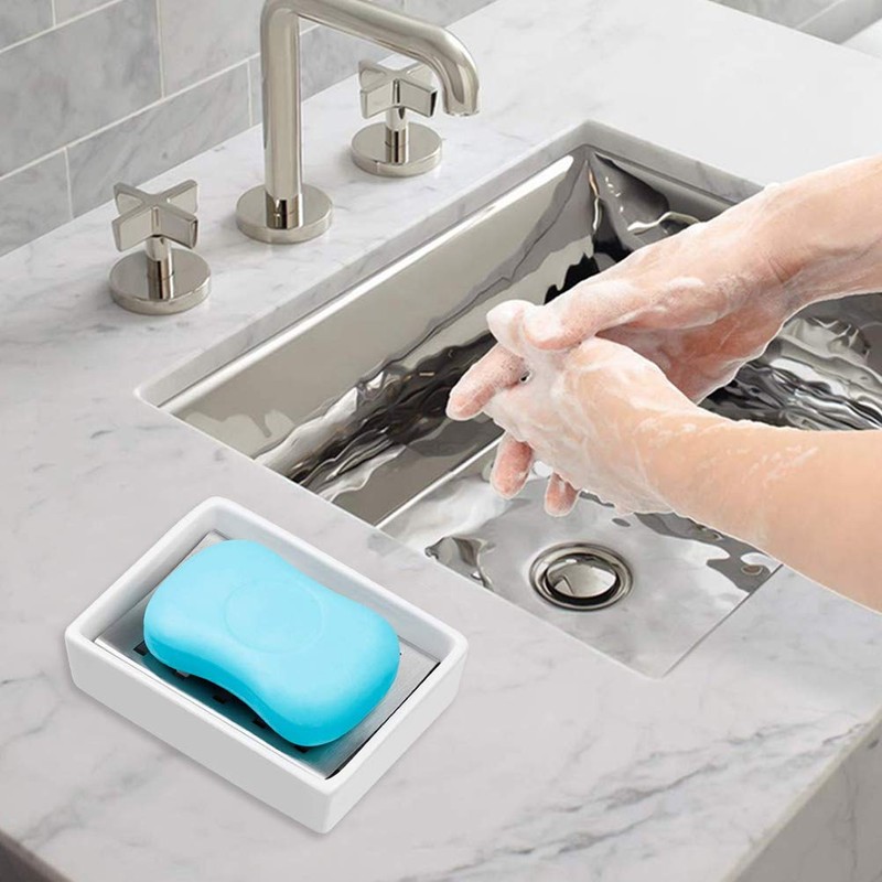 BUYGOO Soap Dish Tray, Ceramic Soap Dish, Stainless Steel Soap