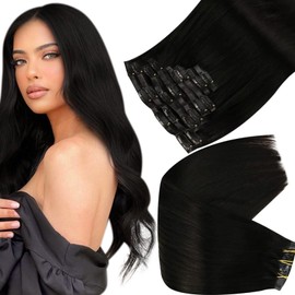 Full Shine Black Hair Extensions Human Hair 22 Inch Clip in Hair Extensions with Single PU Weft 105 Grams Seamless Clip in Extensions for Women Color 1B Off Black