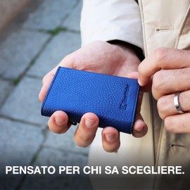 EverWallet Men's and Women's Slim Wallet in Leather and Aluminium – Smart Wallet with Credit Card Holder, Ejection Mechanism, RFID Block – Minimalist and Slim – Made in Italy, blue, monotaglia