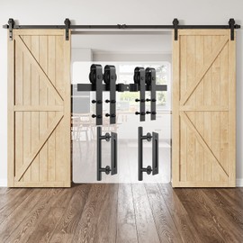 HomLxclx 12ft Heavy Duty Sturdy Sliding Barn Door Hardware Kit Double Door Whole Set Include 1 x Barn Door Rail Set, 2 x Barn Door Handle - Fit 1 3/8-1 3/4" Thickness Door Panel(Black)