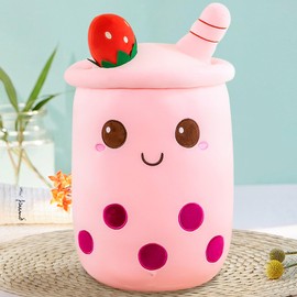 MeHoo 24 CM Bubble Tea Plush Pillow,Cute Stuffed Boba Plushies,Soft Milk Tea Doll Comfortable Hugging Pillow Back Cushion Bubble Tea Plush Toy Holiday Birthday Gift Pink