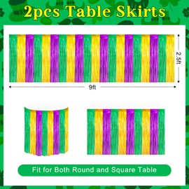 2 Packs Mardi Gras Table Skirts Metallic Foil Fringe Curtain Tinsel Table Skirt Streamer Backdrop for Mardi Gras Carnival St Patrick Party Decorations, 29.5x108 Inch