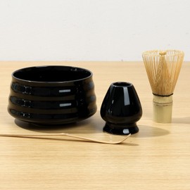 Matcha Whisk Set, Matcha Whisk and Bowl with Pouring Spout, Tea Scoop Whisk Ceramic Holder, 4 Pieces Traditional Matcha Kit(Black)