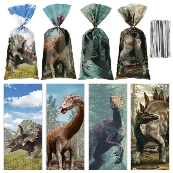 Sinload 100 Pcs Dinosaur Party Favor Bags Dinosaur Cellophane Bags