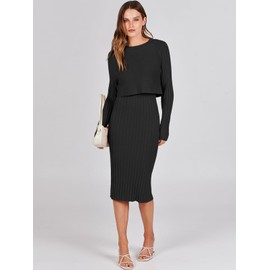 ANRABESS Womens 2 Piece Outfits Sweater Dresses Set Midi Skirt Sets Long Sleeve Crop Top Bodycon Ribbed Knit Dress 2024 Fall Black Medium