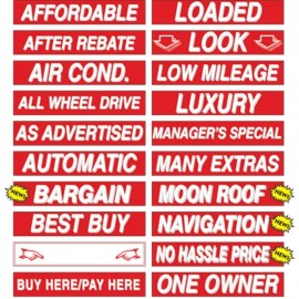 EZ Lettering Red and White Car Dealer Windshield Stickers Slogans 20 packs, 15" You Pick