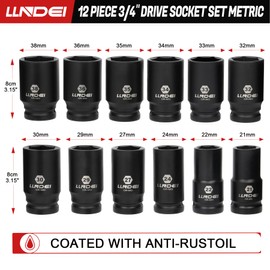 LLNDEI 3/4 inch Drive Impact Socket Set, 12 Piece Heavy Duty CR-MO Deep/Jumbo Sockets 6 Point Design, Metric 21mm-38mm, for Large Vehicle and Apparatus Maintenance