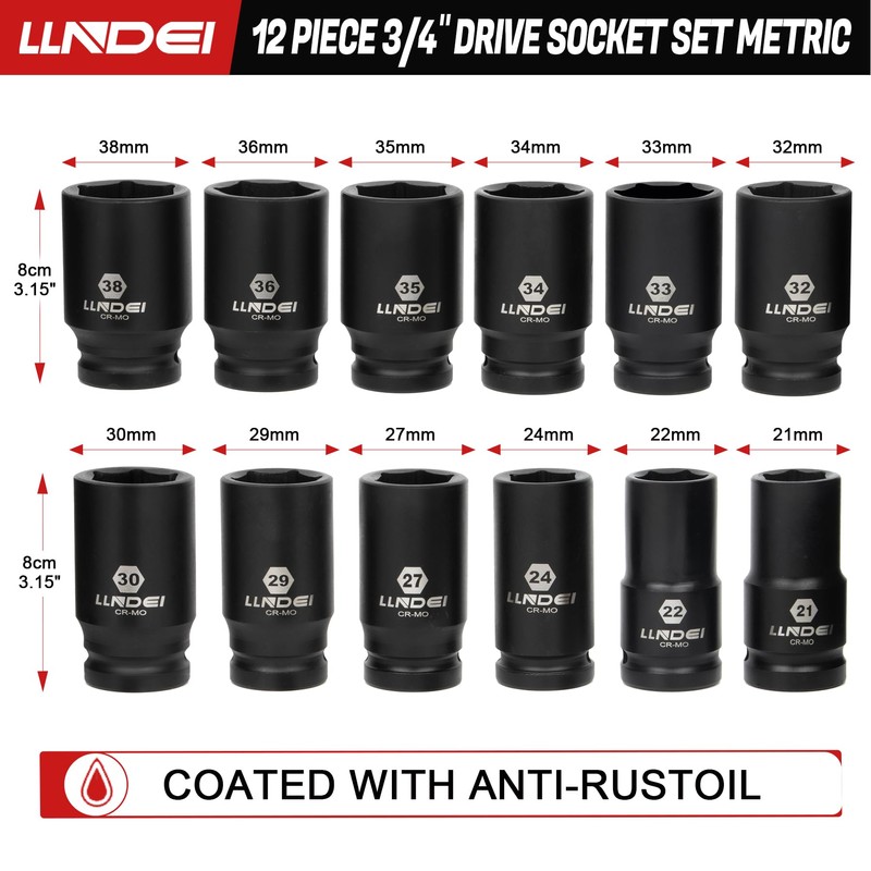 LLNDEI 3/4 inch Drive Impact Socket Set, 12 Piece Heavy