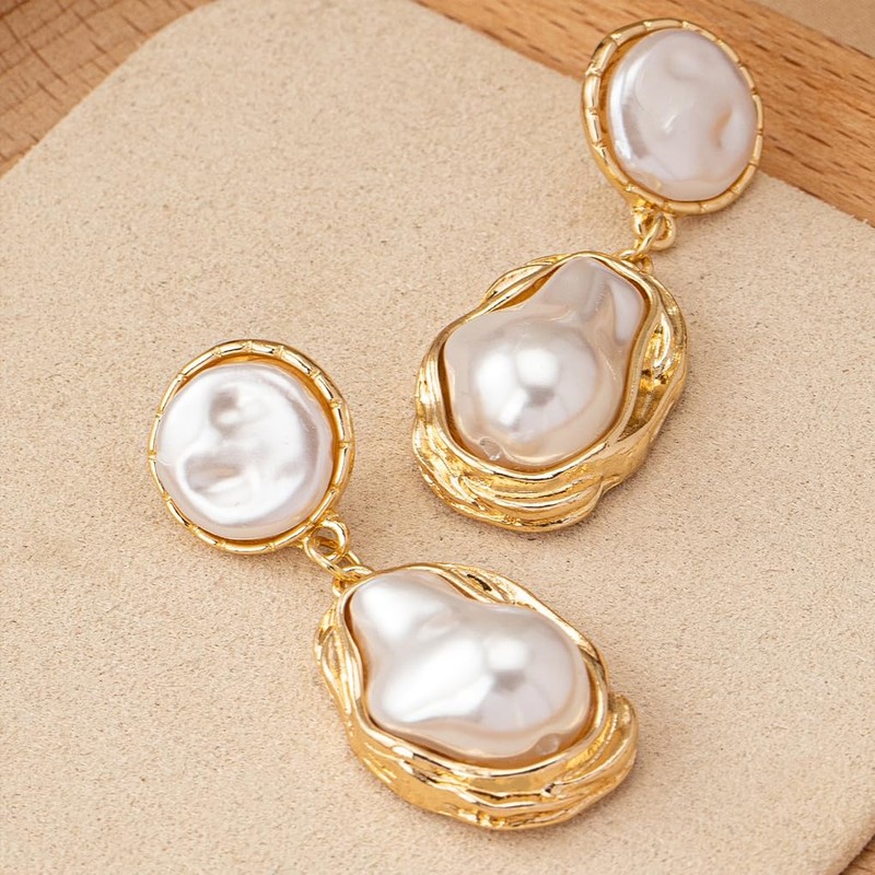 Chunky Gold Baroque Pearl Dangle Earrings for Women Vintage Pearl