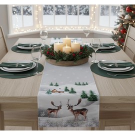 Kamaca Table Runner 40 x 140 cm with High-Quality Print Motif, Kitchen Dining Table Eyecatcher, Autumn, Winter, Christmas (Stag in the Forest)