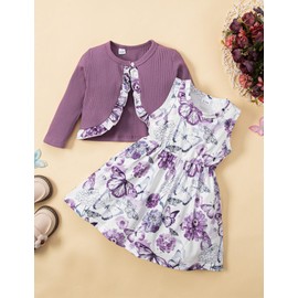 puseky Toddler Baby Girl Dress and Cardigan Set Baby Girl Floral Print Sleeveless Dress and Coat Outfits Set, purple