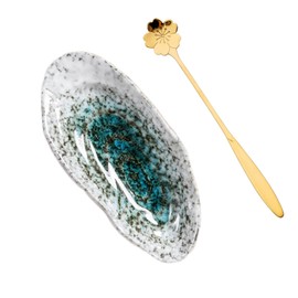 Ceramic Spoon Rest Cooking Spoon Holder for Kitchen Counter/Stove Top/Dining Table with Cute Spoon, Shell Shaped, Modern Farmhouse Decorative, 6.7x3.1 inch Green