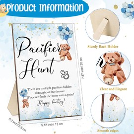 Roowest 51 Pcs Pacifier Hunt Baby Shower Game, Include Wooden Pacifier Hunt Sign Bear Themed Baby Shower Sign Board with 50 Acrylic Baby Pacifiers for Baby Shower Game, Gender Reveal Party (Blue)