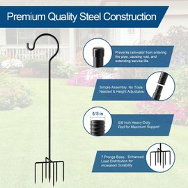 ReTang Heavy Duty 62" Adjustable Shepherds Hook for Bird Feeders - 7-Prong Base Outdoor Garden Hook, 3/4" Thick Durable Metal Pole for Hanging Plants, Hummingbird Feeders & Lanterns Black