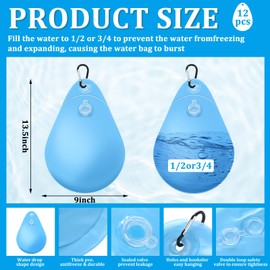 Hungdao 12 Pack Pool Cover Weights with Hooks Above Ground Hanging Water Bags Leakproof Thick PVC Swimming Pool Cover Tarp Weights Winter Antifreezing for Above Ground Closing Kit, 13.5 x 9 Inch