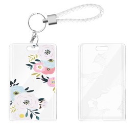 CameCosy ID Badge Holder with Lanyard Chain Keyring, Pretty ID Name Slide Badge Card Holder for Office/School ID Credit Cards Proximity Key Cards (White Rose Flower)