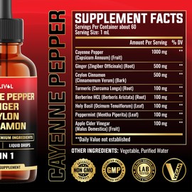 MILIVOL 8in1 Cayenne Pepper Liquid Drops with Ginger, Ceylon Cinnamon and 5 More Herbals - Digestion, Circulatory Heath Support - 2 Fl Oz for 2 Months