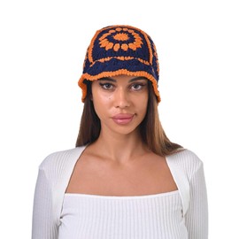 Crochet Hat Women Men Soft Knit Handmade Cute Flower Pattern Foldable Beach Hats Trendy Fisherman Cap Hiking (Navy Blue)