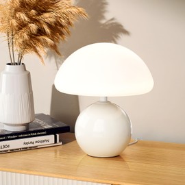 UEHICT Ceramic Mushroom Lamp, Cute Mini Bedside Lamp for Aesthetic Room Decor, Dimmable Small Glass Night Light for Bedroom Living Room, Vintage Unique Table Lamp for Nightstand, White Mushroom Light
