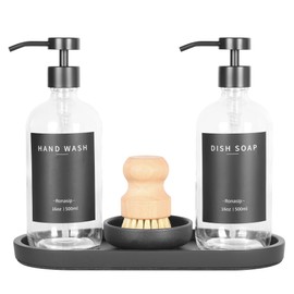 Ronasip Set of 5 Kitchen Soap Dispenser Set 16 Oz Glass Hand Dish Soap Dispenser with Stainless Steel Pump, Cement Tray, Dish Scrub Brush for Farmhouse Rustic Home Bathroom Decor (Transparency)