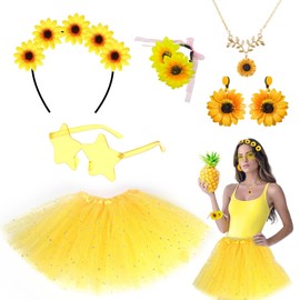 SAIIURV 6 Pcs Women's Sunflower Costume, Tulle Skirt, Sunflower Hair Accessories, Sunflower Dangle Earrings, Necklaces, Bracelets, Sunflower Costume for Carnival Theme Party and Cosplay (Yellow)