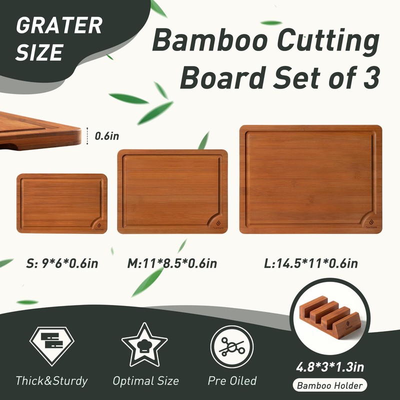 3 Packs Bamboo Cutting Board Set with Non Slip Feet