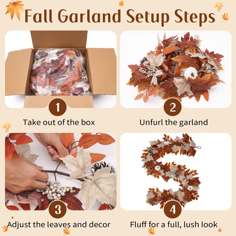 6 Ft Fall Garland with Lights, Thanksgiving Mantel Decor