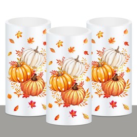 Whaline Fall LED Flameless Candles Orange Pumpkin Warm Light Battery Operated Pillar Candles Autumn Electric Flickering Candle for Thanksgiving Party Home Decor, Set of 3