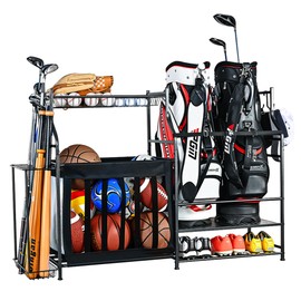 PLKOW Sports Equipment Organizer Garage Storage, Garage Ball Rack, 2 Golf Bag Storage and Sports Gear Organizer for Garage