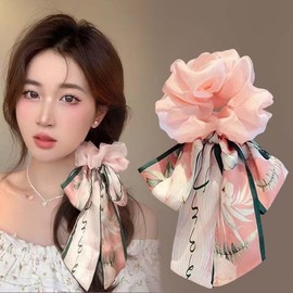 TUCEWP 2Pcs Scrunchies for Women Pink Black Bow Hair Scrunchies Elastic Hair Scarf Scrunchie Soft Satin Hair Ribbon Scrunchy Knotted Bow Long Tails Hair Bands Vintage Ponytail Holders Hair Accessories