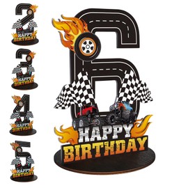 Truck Birthday Number Sign Centerpiece, Truck Wooden Decoration Photo Props for Truck Birthday Decorations (6th)