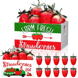 Marsui Summer Tiered Tray Decor Lemon Strawberry Beach Mini Wooden Crate with Artificial Lemons Strawberry Starfish Decorations for Kitchen Home Table Decor Party Centerpiece(Strawberry Style)